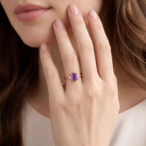 Theodora’s Twilight | Vintage Hexagon Fantasy-Cut Purple Sapphire Three-Stone Engagement Ring