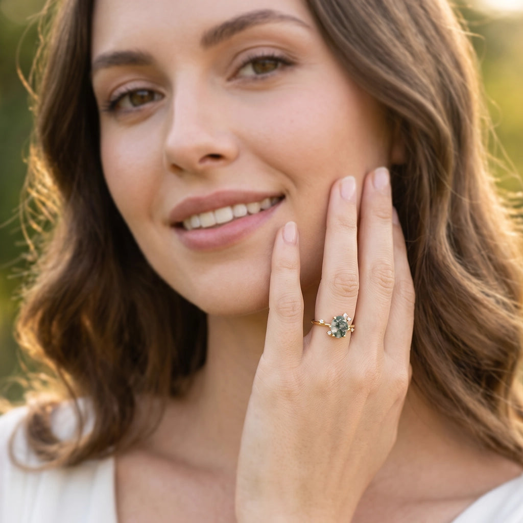 Elara’s Dew | Classic Oval Moss Agate Engagement Ring.