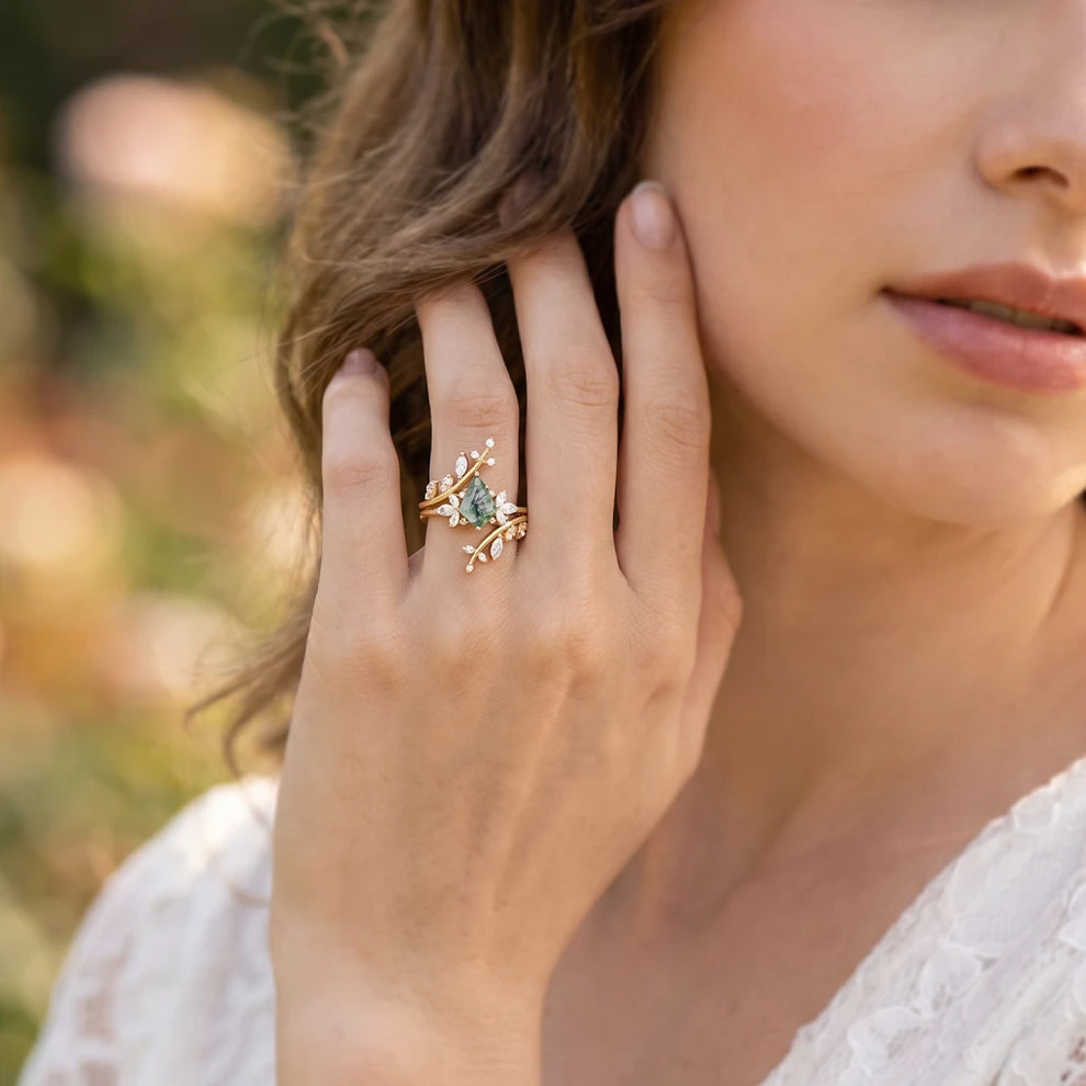 Forest Cage | Kite Cut Moss Agate Leafy Bridal Set 2pcs
