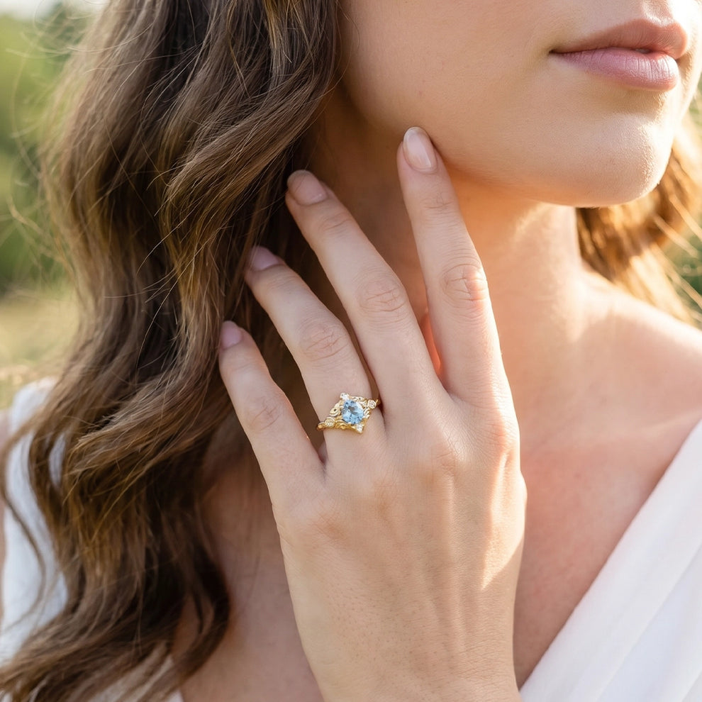Marina’s Lace | Round Aquamarine Engagement Ring with Filigree Setting.