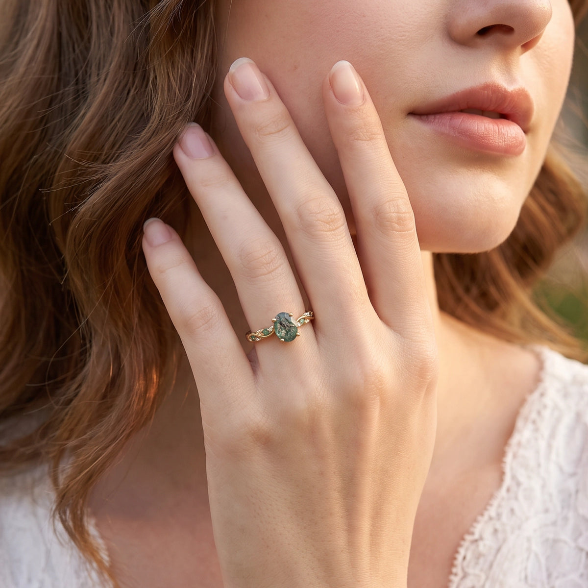 Flora’s Sprig | Oval Cut Moss Agate Engagement Ring