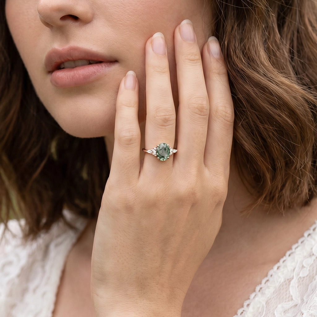 Sylvie’s Dew | Classic Oval Moss Agate Engagement Ring with Diamond Accents.