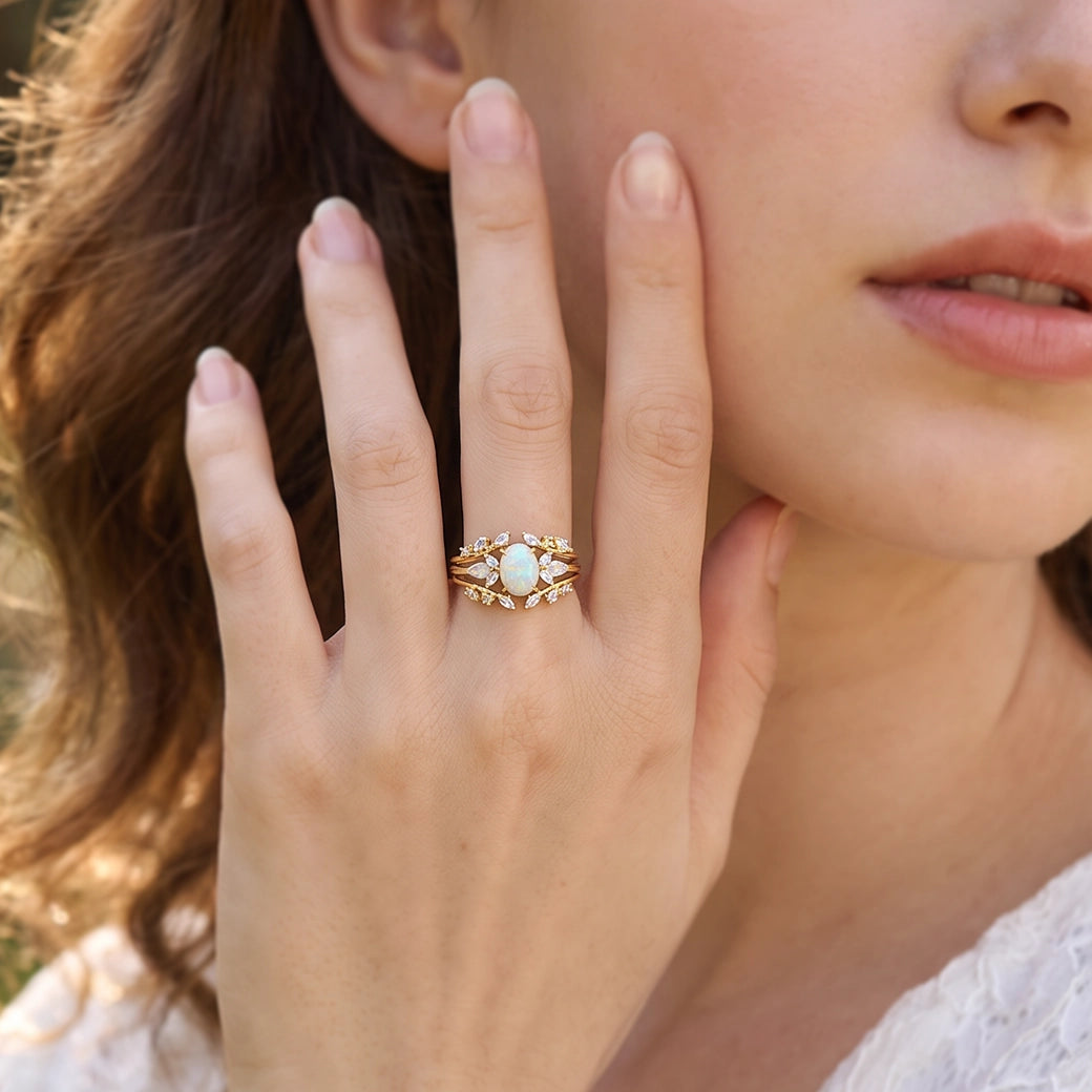 Ophelia’s Embrace | Oval Opal with Moonstone Wings Vintage Bridal Duo