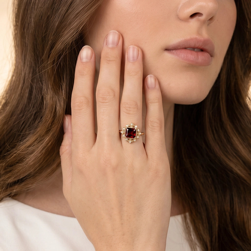 Vivienne’s Ardour | Square Red Garnet Leafy Engagement Ring.