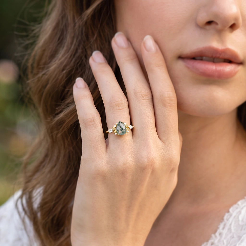 Elara’s Whisper | Pear Moss Agate Foliage Engagement Ring