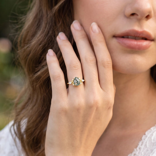 Elara’s Whisper | Pear Moss Agate Foliage Engagement Ring