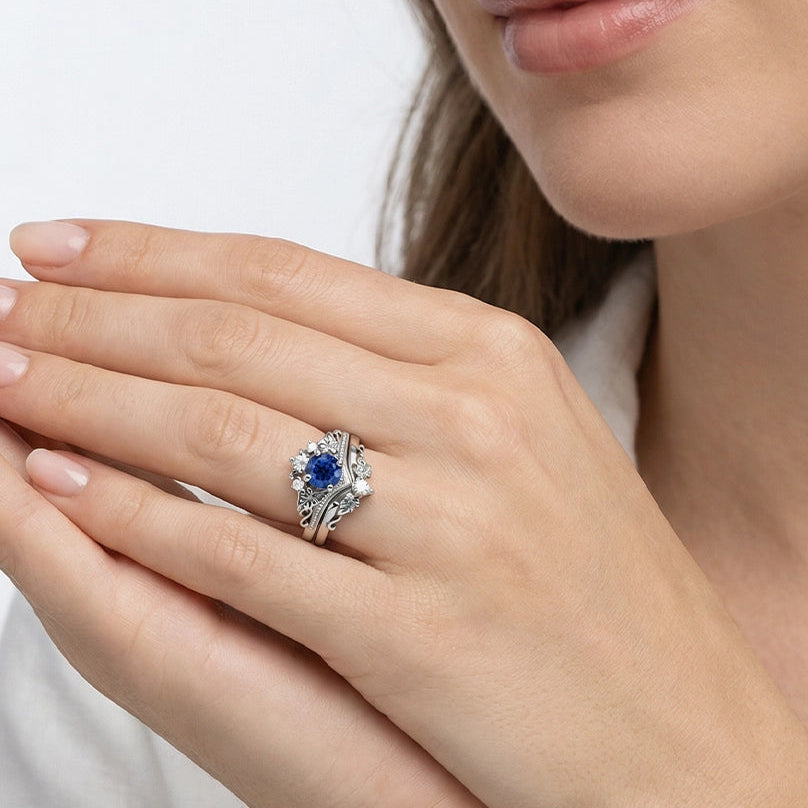 Ivy’s Wreath | Round Blue Sapphire & Diamond Vintage Bridal Set 2pcs.