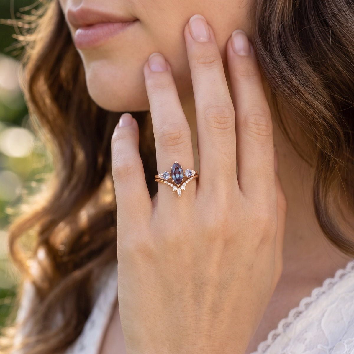 Sylvie’s Frond | Marquise Cut Alexandrite Cluster Chevron Bridal Set 2pcs