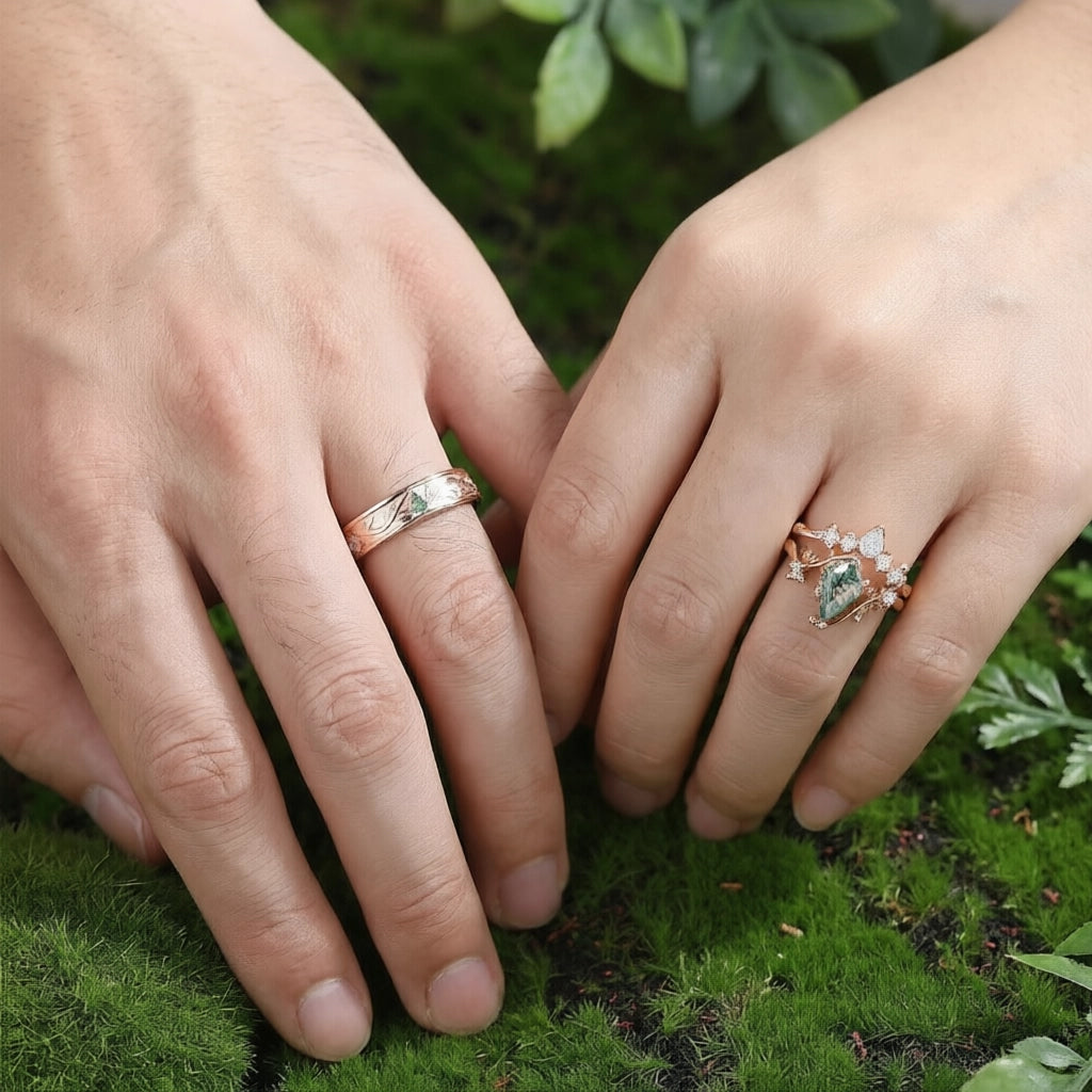 Pomona’s Bosk | Unique Kite Cut Moss Agate Leafy Couple Ring Set 3pcs.