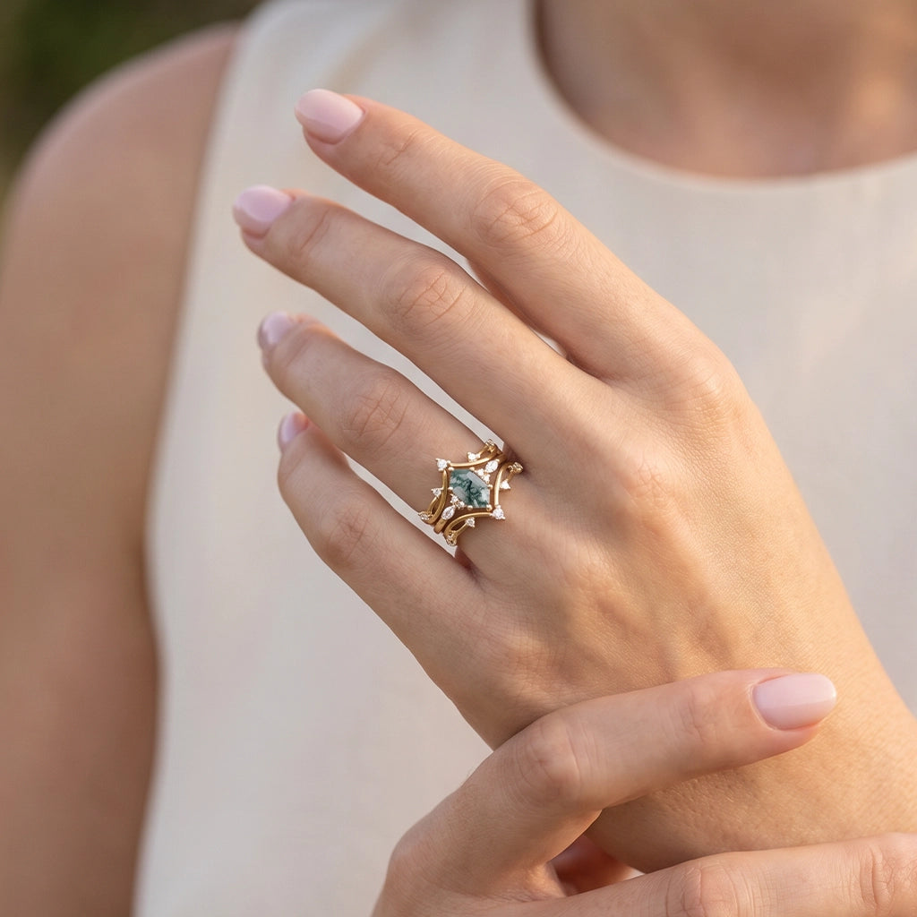 Ivy’s Entwined | Long Hexagon Moss Agate Leafy Bridal Set 3pcs.