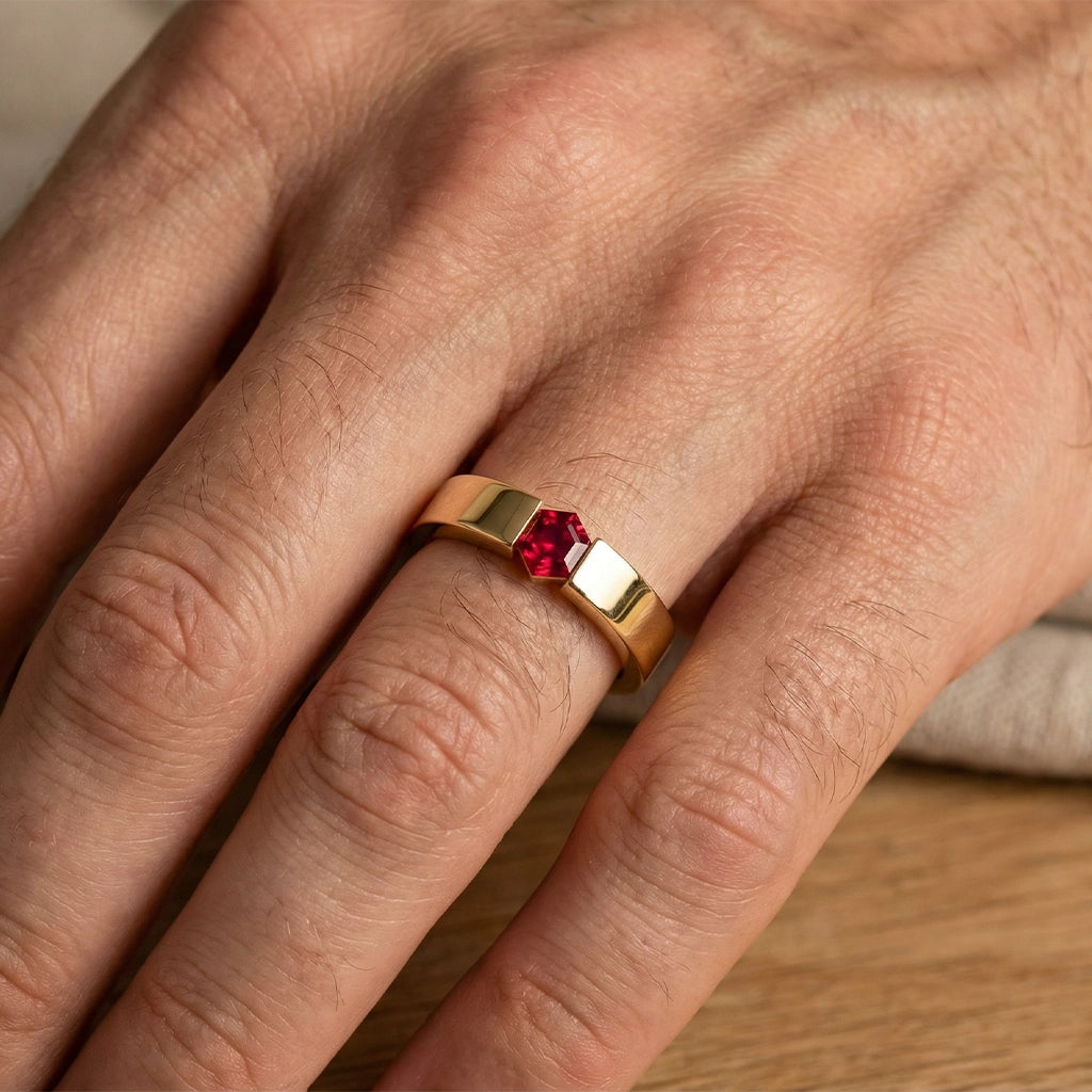 Ruben’s Hexagon | Ruby Tension Set Men's Wedding Band.