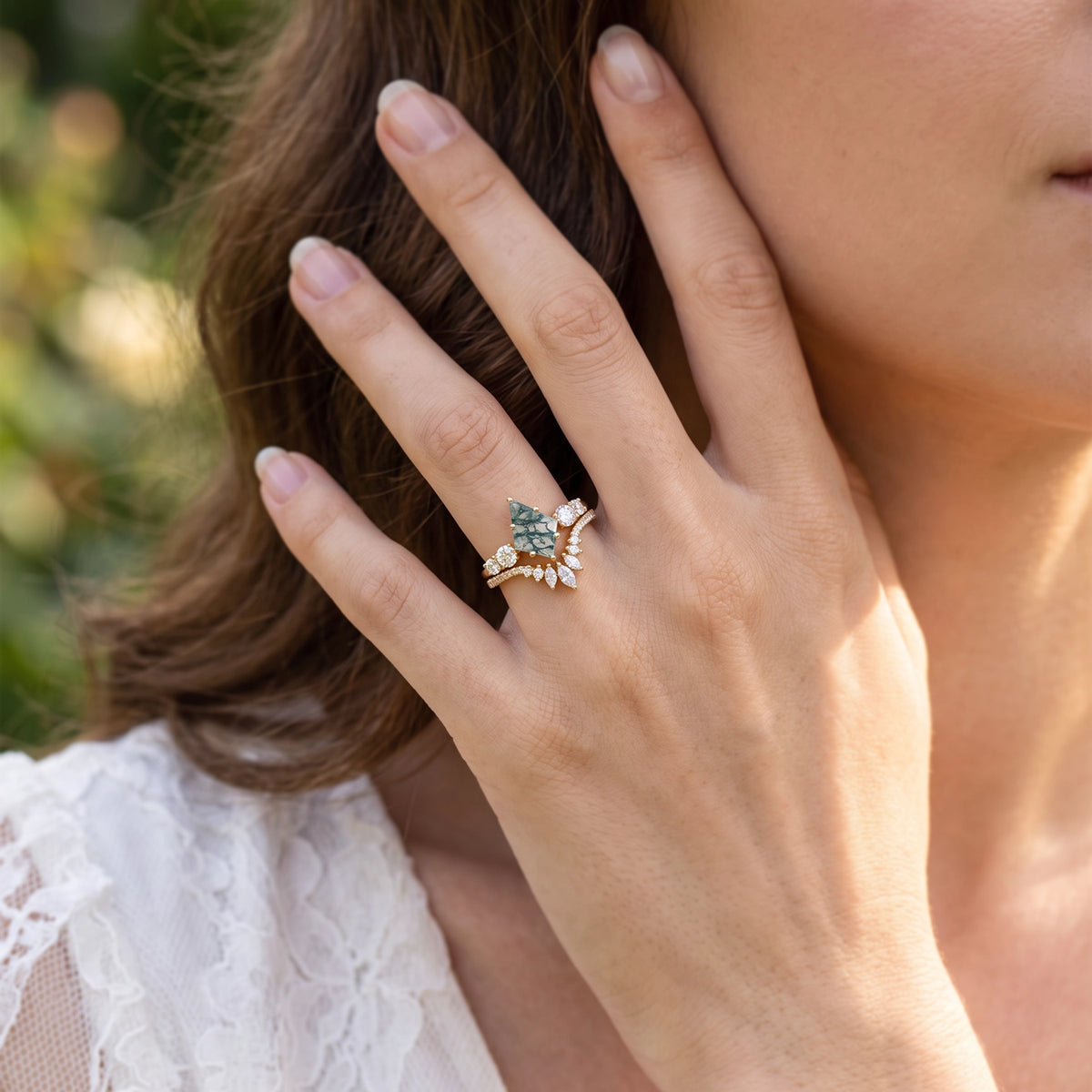 Seraphina‘s Cadence | Kite Cut Moss Agate Chevron Bridal Duo