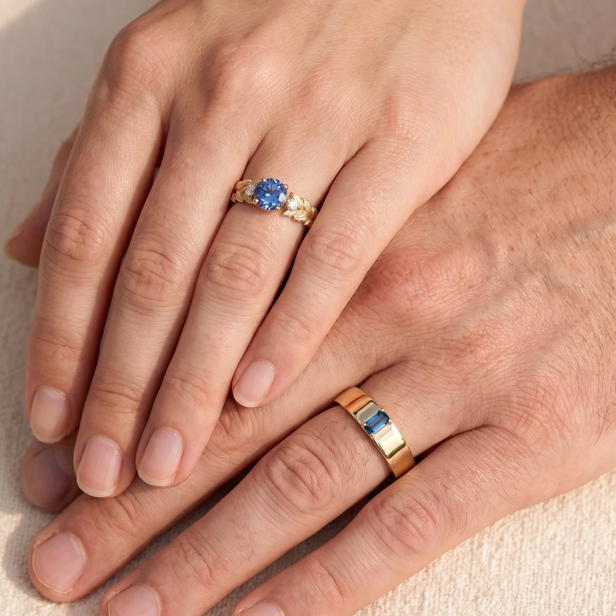 Iris’s Sonnet | Blue Sapphire Solitaire & Inner Engraved Band Couple Set