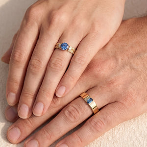 Iris’s Sonnet | Blue Sapphire Solitaire & Inner Engraved Band Couple Set