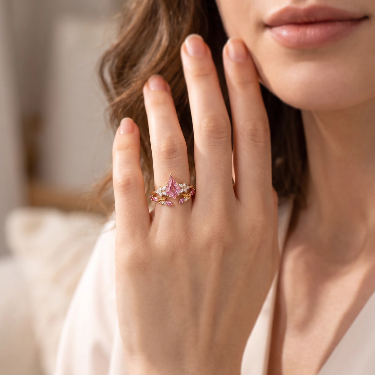 Joséphine’s Camellia | Kite-Cut Pink Sapphire Foliage Bridal Set 2pcs