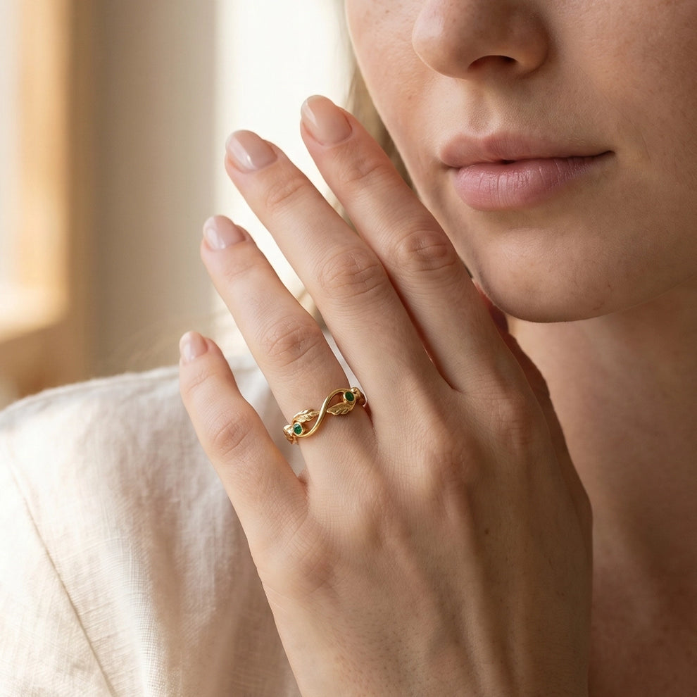 The Lacy Oak | Openwork Oak Leaves & Natural Emerald Women's Wedding Band.