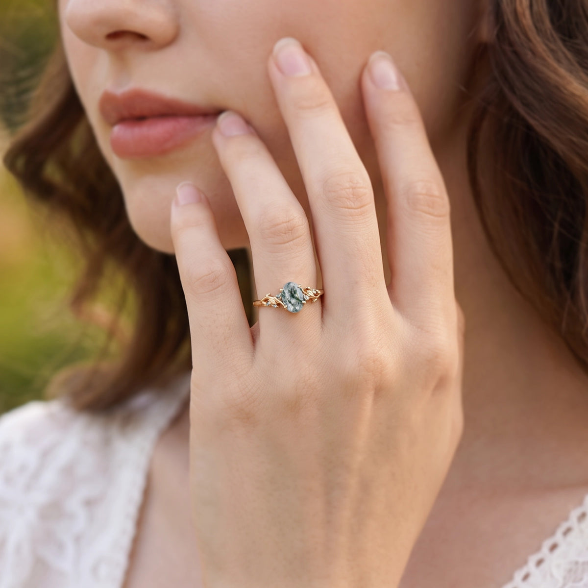 Celandine’s Twine | Oval Cut Moss Agate Foliage Engagement Ring