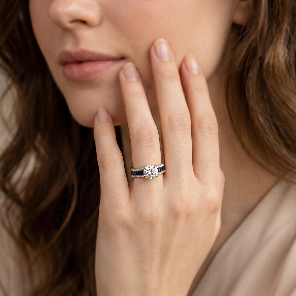 Aurora's Tide | 1CT Round Diamond & Blue Baguette Engagement Ring