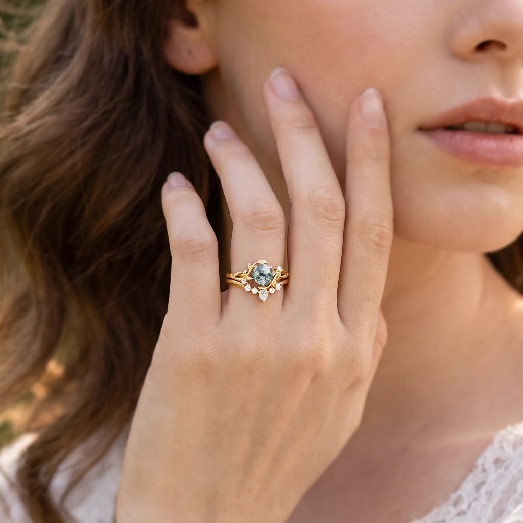 Genevieve’s Garden | Round Moss Agate Leafy Bridal Set 2pcs