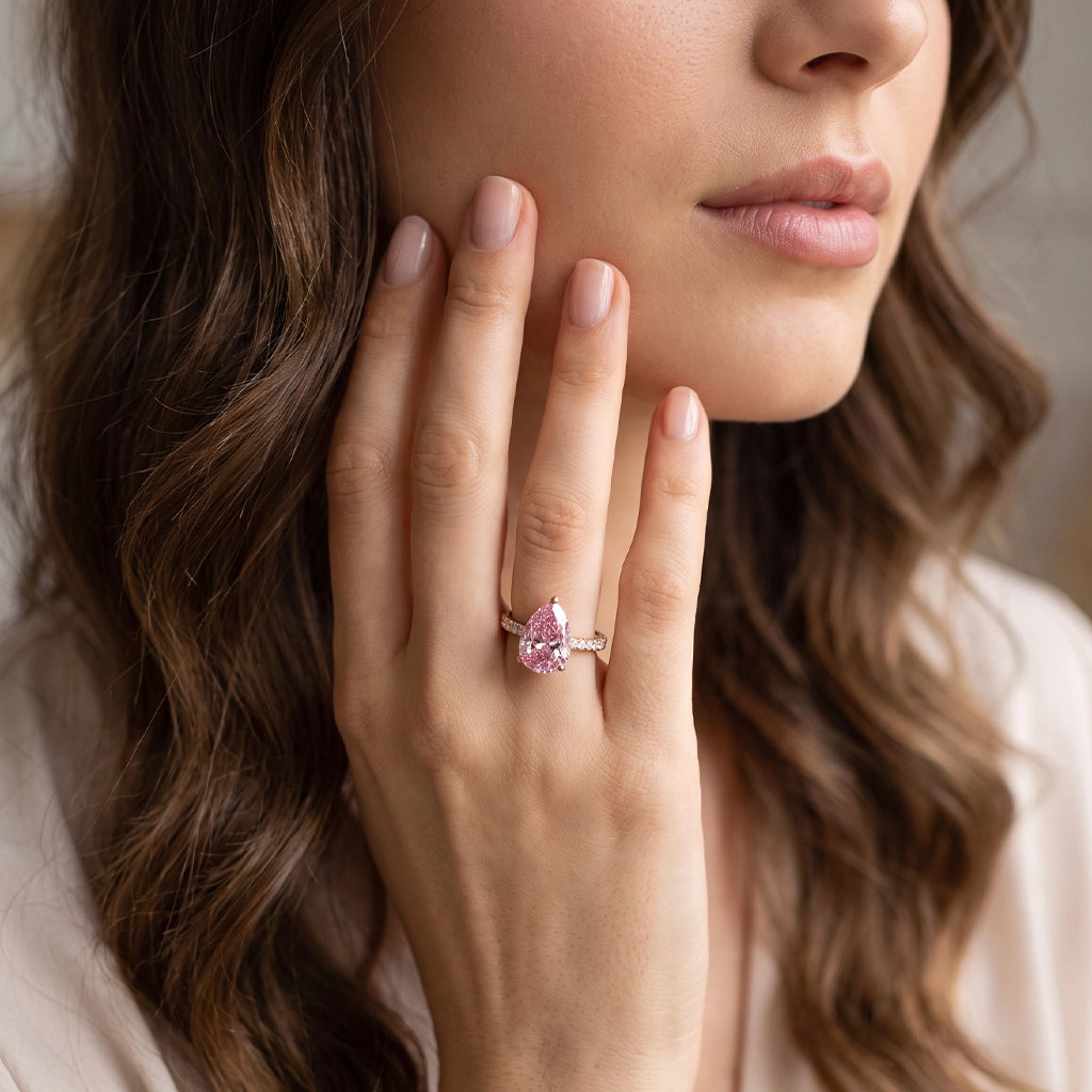 Selene's Blush | 3CT Pear Pink Sapphire Solitaire Pavé Ring