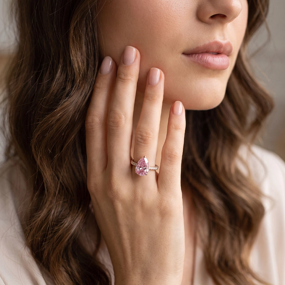 Selene's Blush | 3CT Pear Pink Sapphire Solitaire Pavé Ring