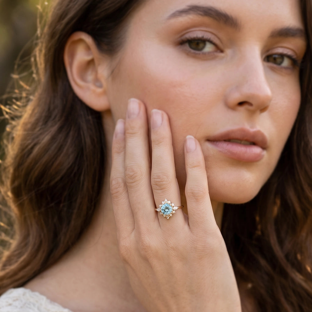 Marina's Swell | Round Cut Aquamarine Halo Engagement Ring.