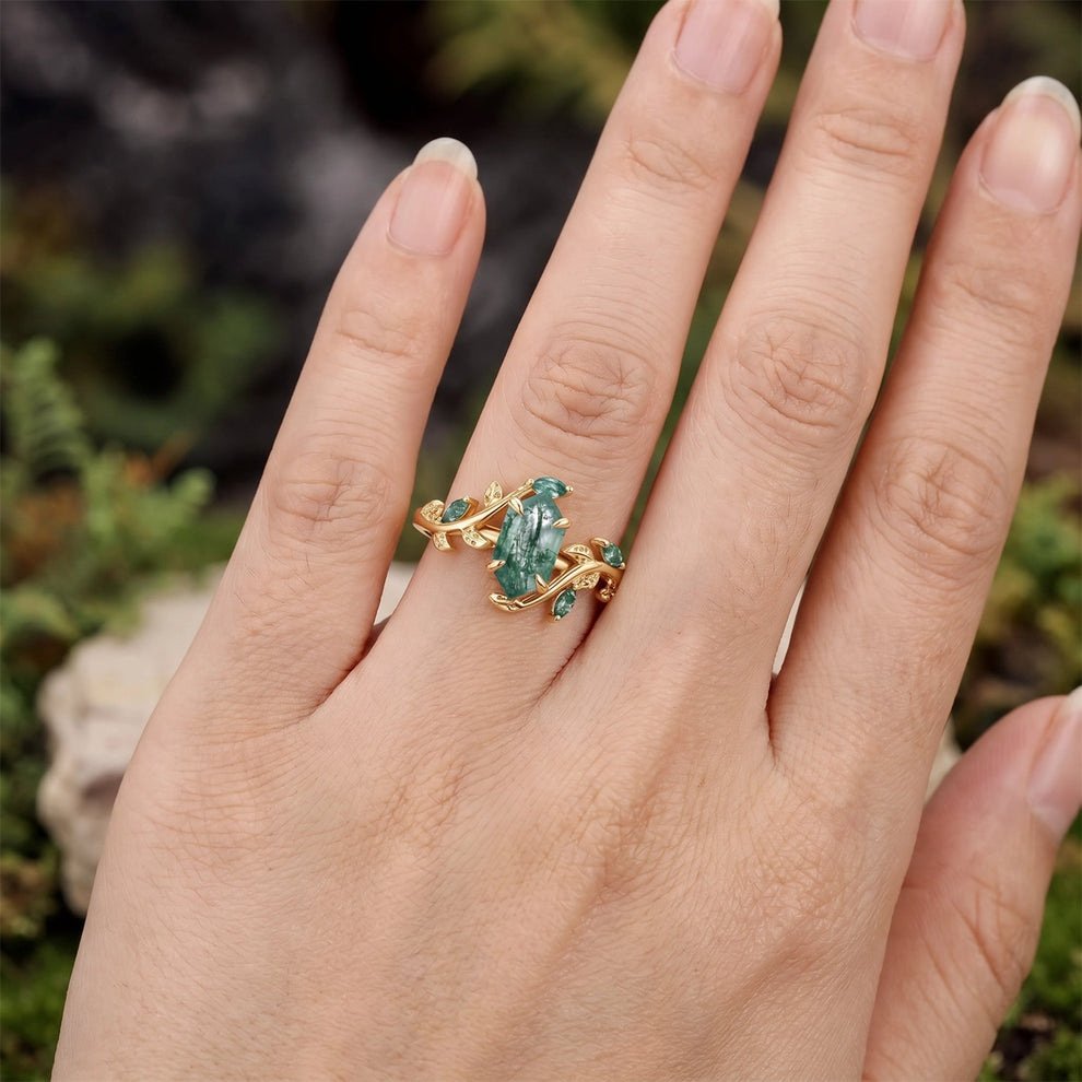 Sylvie’s Herbarium | Vintage Hexagon Moss Agate & Emerald Leafy Engagement Ring.