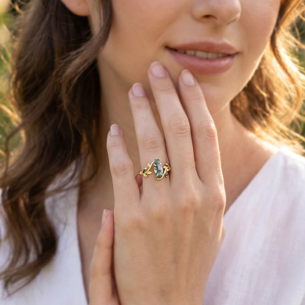 Isadora’s Garland | Vintage Marquise Moss Agate Engagement Ring