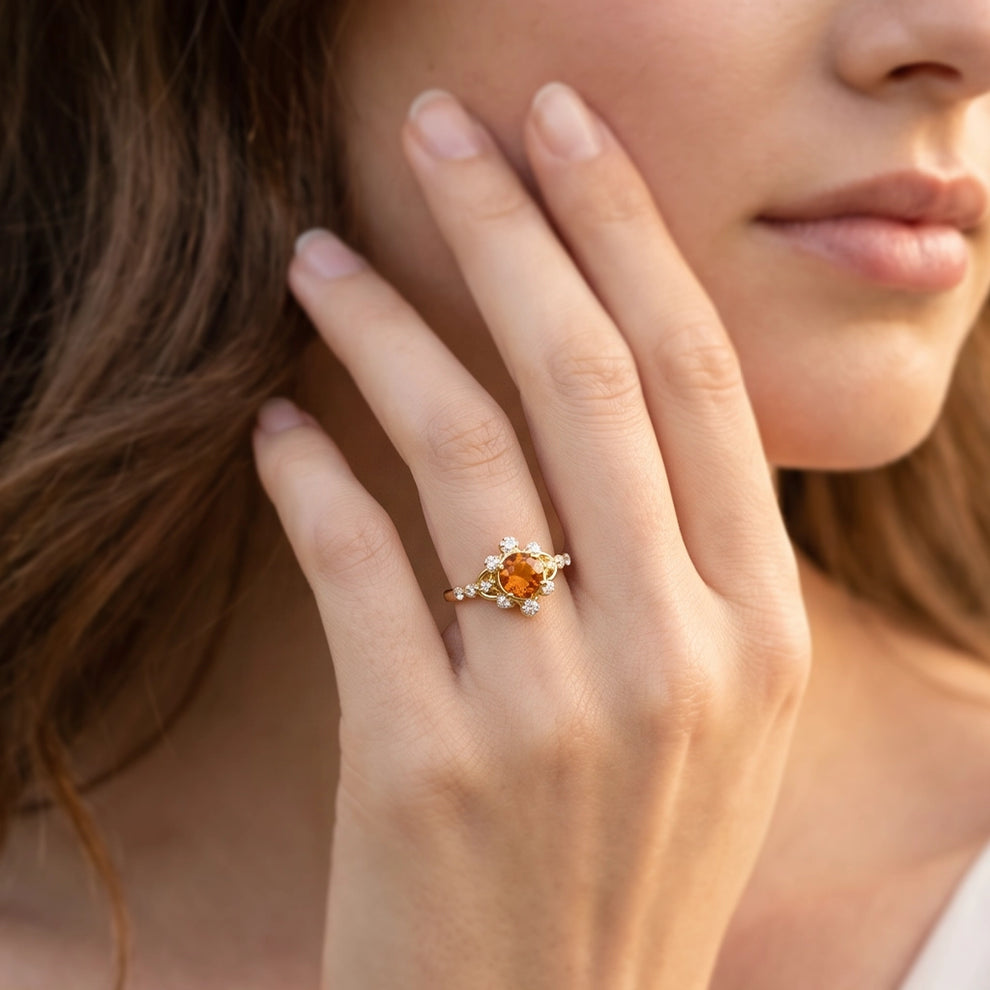 Aurora’s Ember | Round Citrine Vintage Halo Engagement Ring.