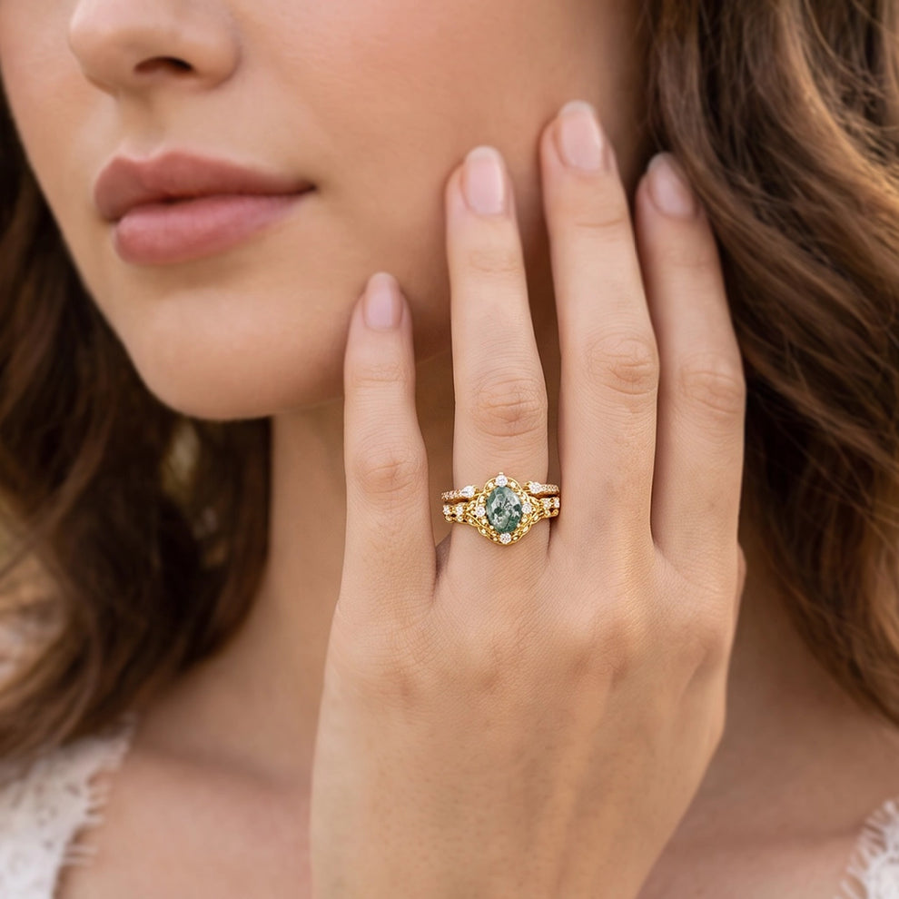 Alexandra’s Heritage | Oval Moss Agate Cluster Bridal Trilogy