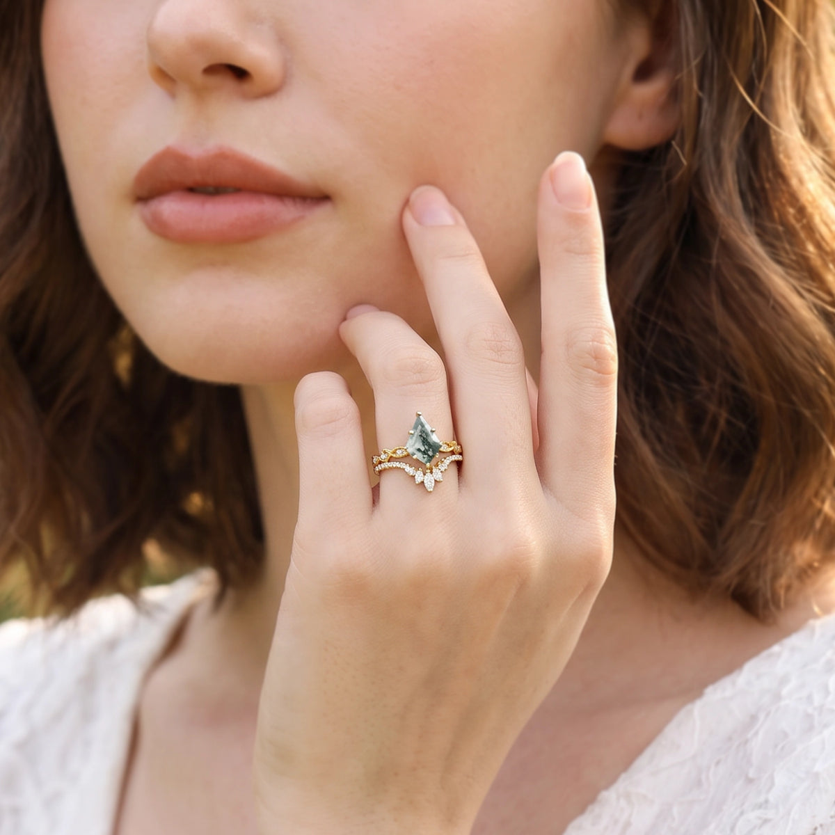 Sylvia‘s Glade | Kite Cut Moss Agate Chevron Bridal Duo
