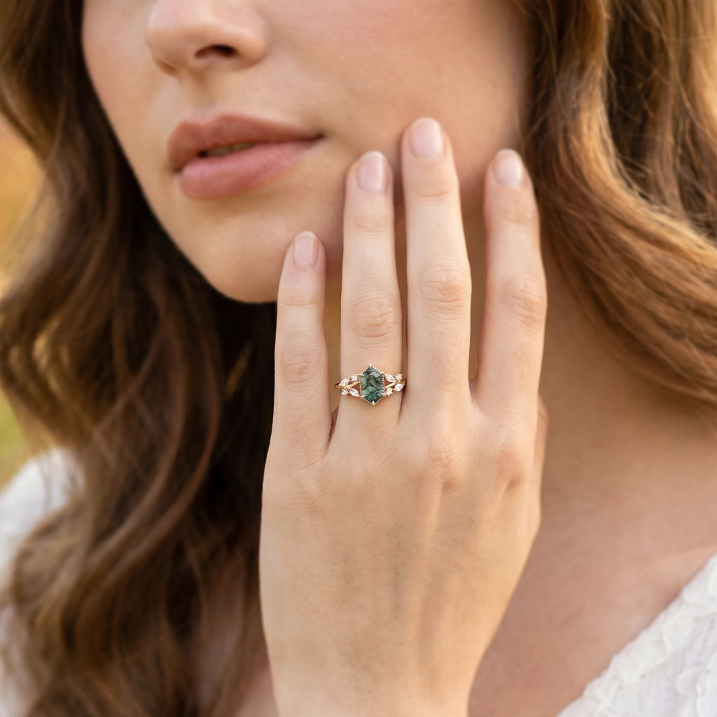 Genevieve’s Grove | Vintage Hexagon Moss Agate Engagement Ring