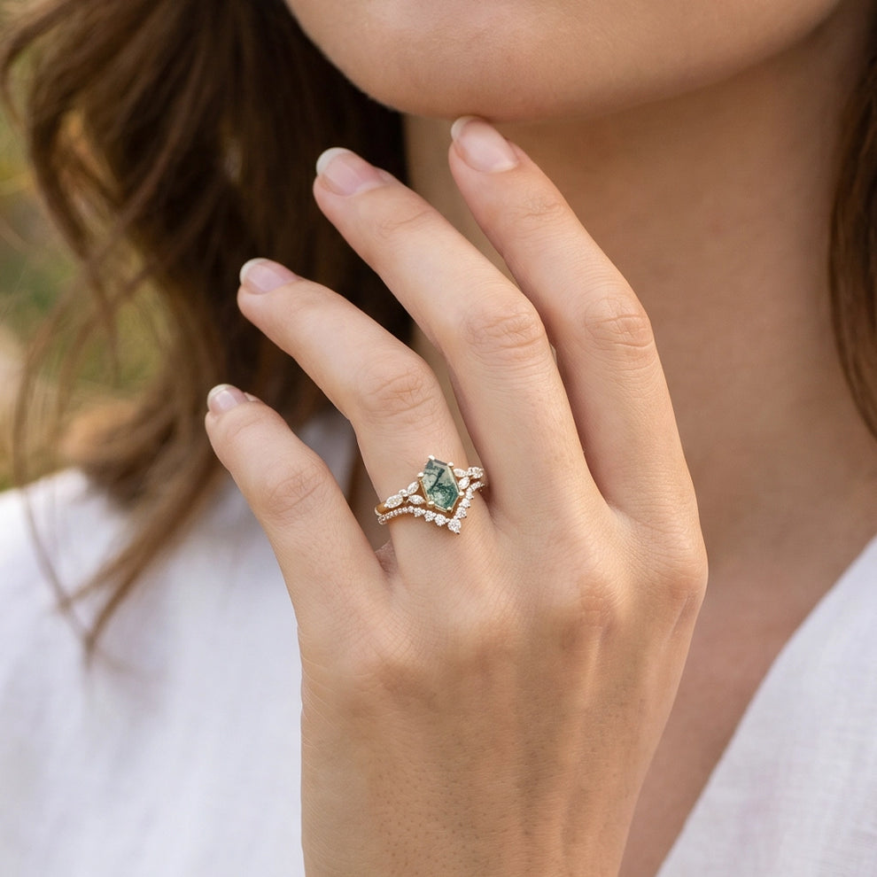 Sylvie’s Grove | Vintage Long Hexagon Moss Agate Cluster Bridal Set 2pcs.