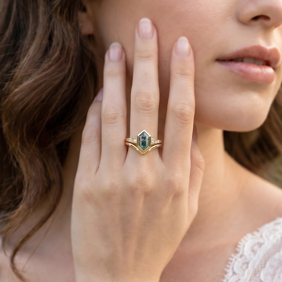 Long Hexagon Moss Agate Minimalist Bridal Ring Set 2pcs.