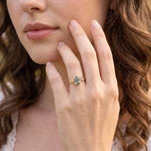 Celandine’s Twine | Elongated Hexagon Cut Moss Agate Foliage Engagement Ring