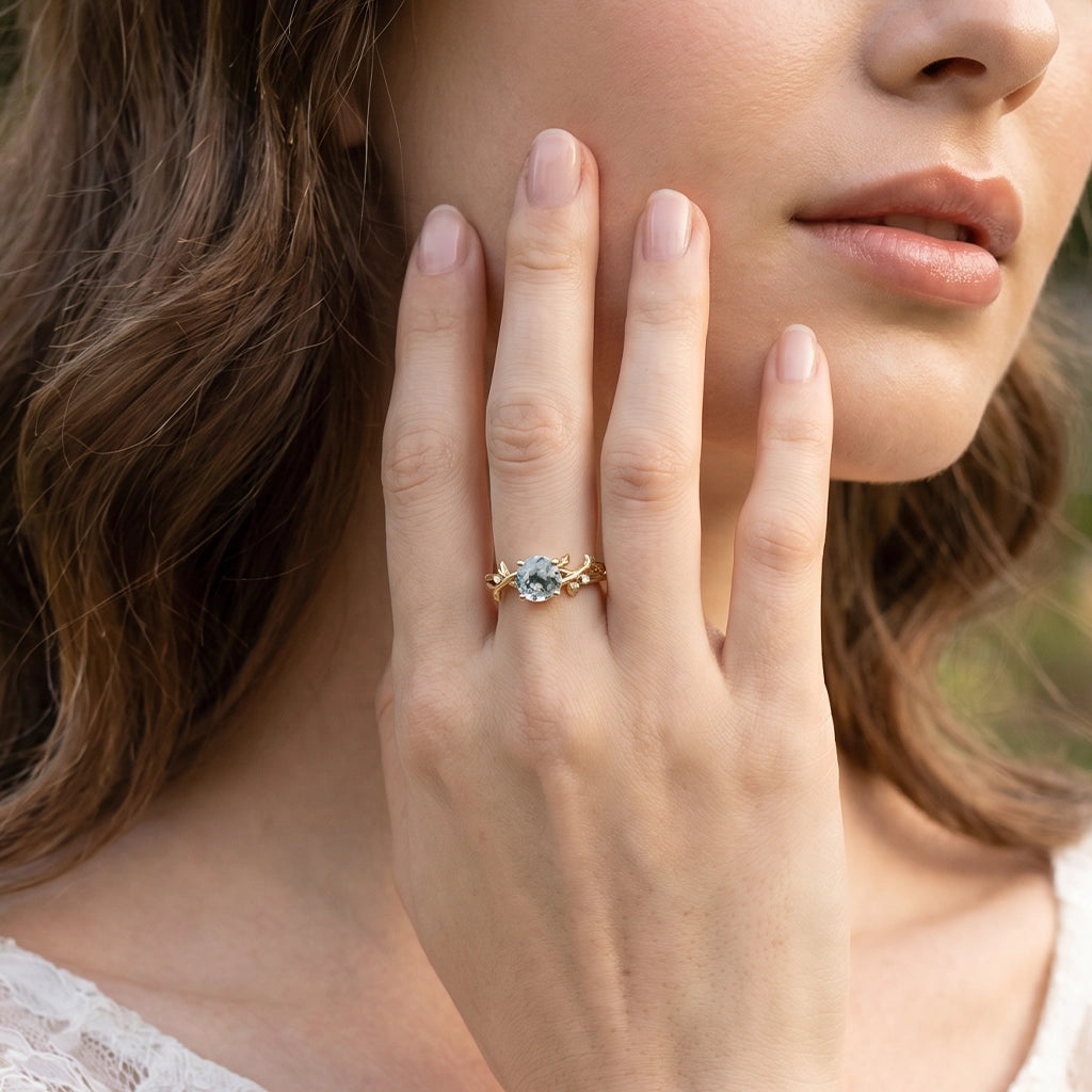 Mirabelle’s Tendril | Round Cut Moss Agate Leafy Engagement Ring.