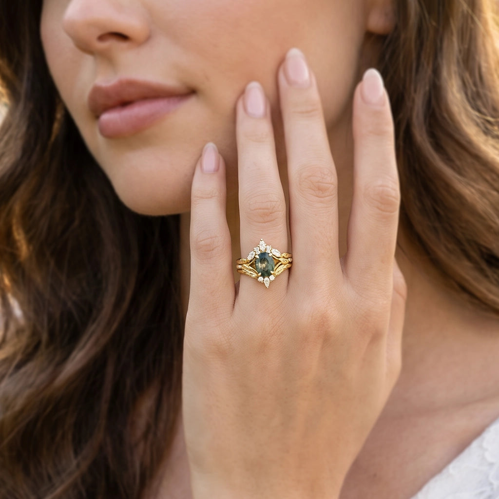 Genevieve’s Garland | Oval Moss Agate Foliage Bridal Trilogy