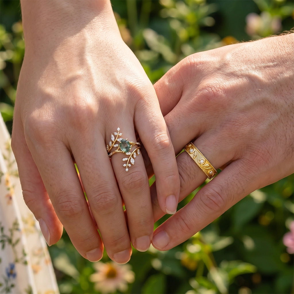 Flora’s Enclosure | Oval Moss Agate Cluster Couple Ring Set 3pcs.