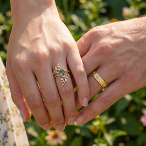 Flora’s Enclosure | Oval Moss Agate Cluster Couple Ring Set 3pcs.