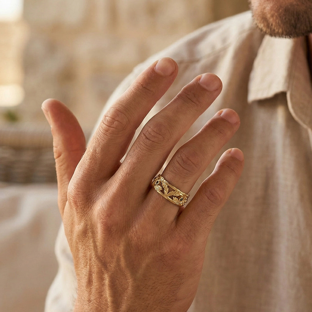 The Hollow Oak | Openwork Teal Sapphire Accented Acorn Men's Wedding Band.