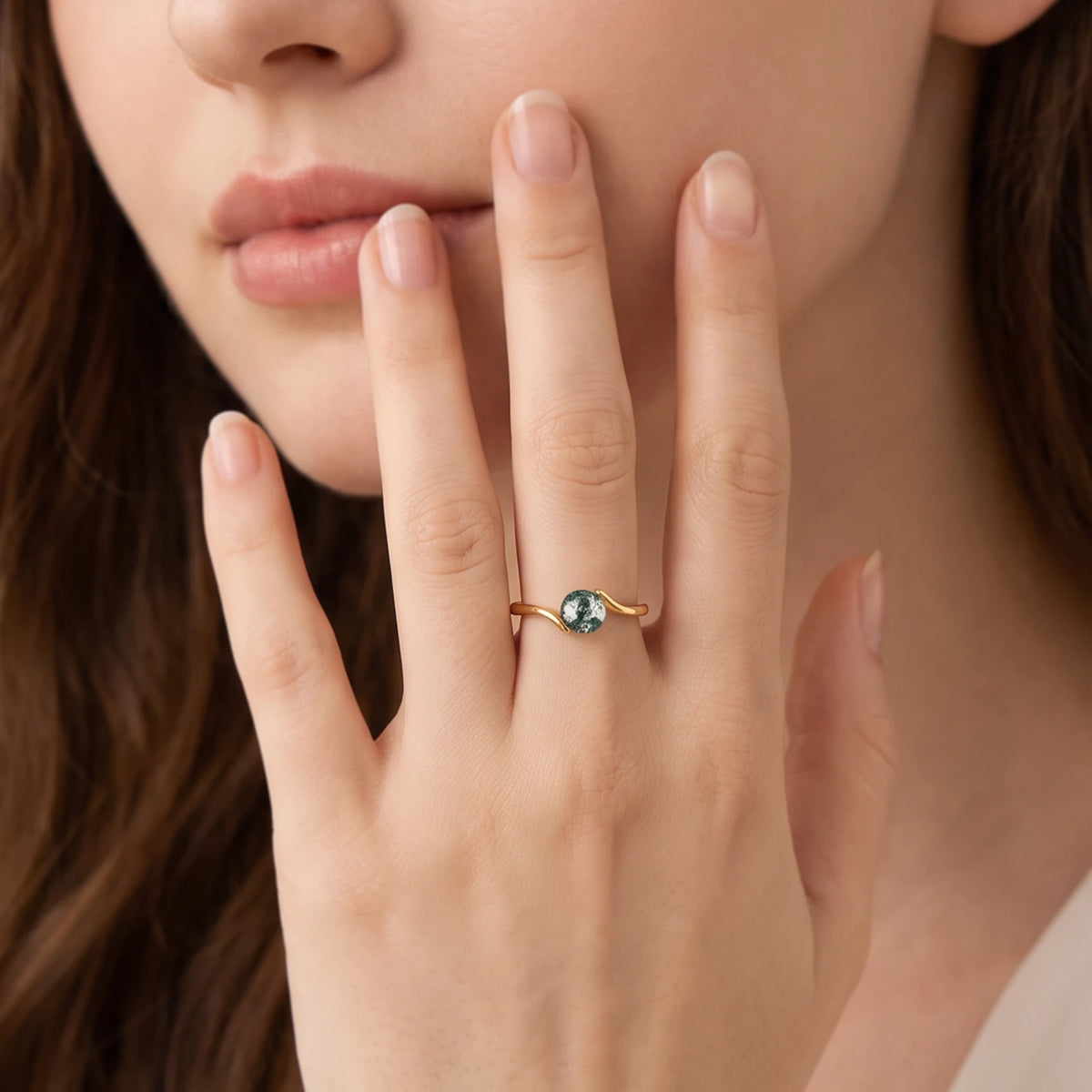 One Stone | Minimalist Solitaire Round Moss Agate Women’s Engagement Ring