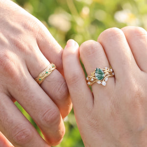 Sylvie’s Laurel | Pear-Cut Moss Agate Foliage Couple Ring Set 3pcs
