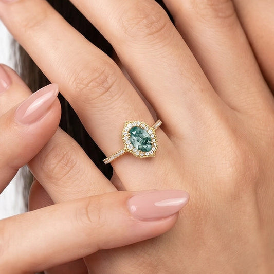Oval Moss Agate White Gold Antique Halo Engagement Ring.
