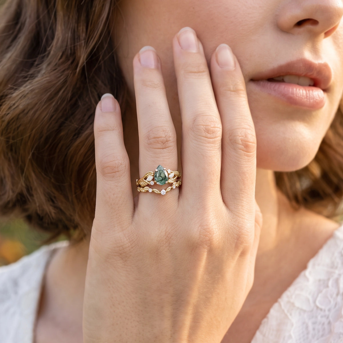 Rosalind’s Heirloom | Pear Cut Moss Agate Leafy Vintage Bridal Set 2pcs