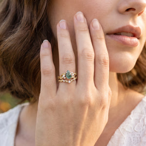 Rosalind’s Heirloom | Pear Cut Moss Agate Leafy Vintage Bridal Set 2pcs
