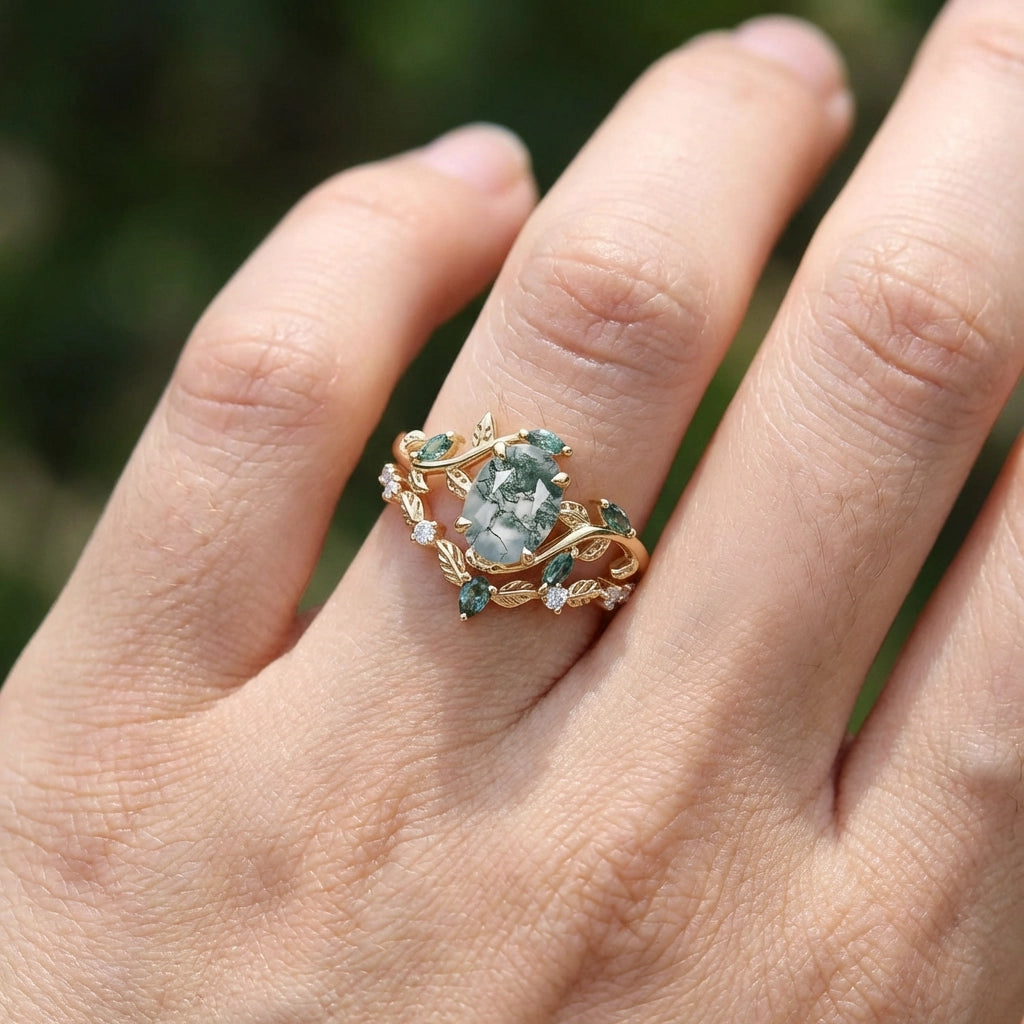 Daphne’s Vine | Oval Moss Agate Engagement Ring Set 2pcs.