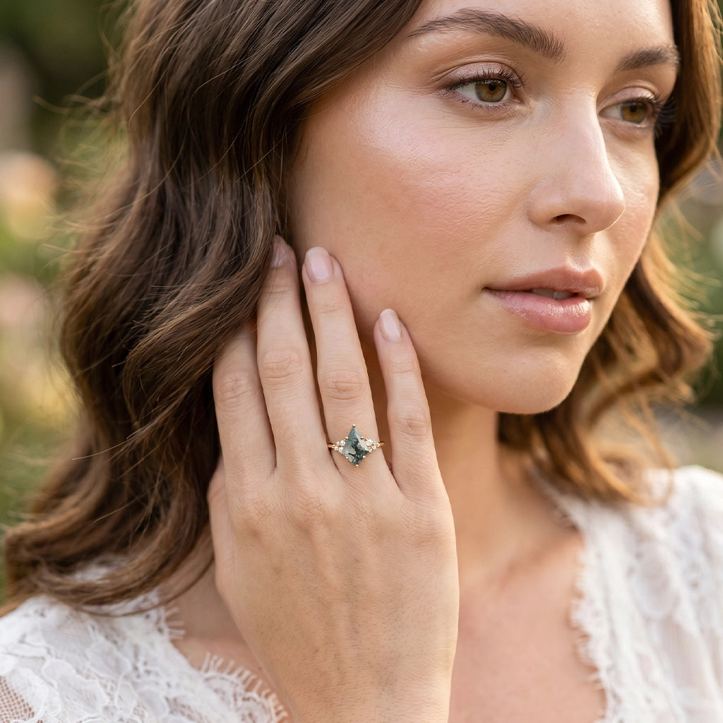 Elara’s Drift | Large Kite Cut Moss Agate Engagement Ring.