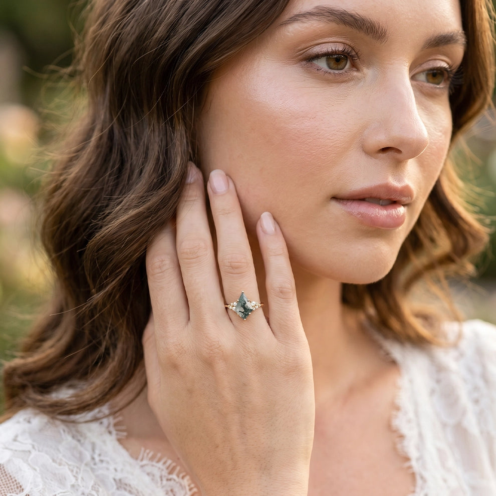 Elara’s Drift | Large Kite Cut Moss Agate Engagement Ring.