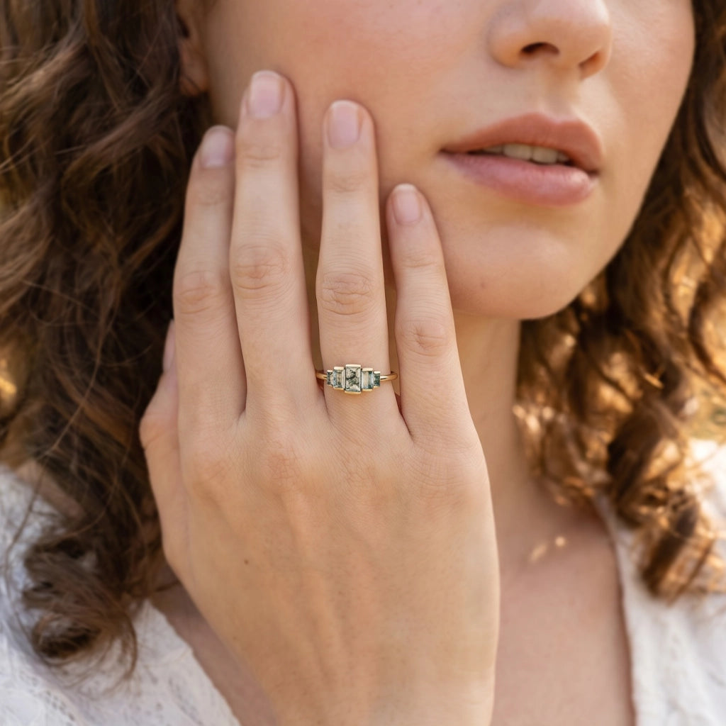 Genevieve’s Essence | Vintage Baguette Moss Agate Engagement Ring