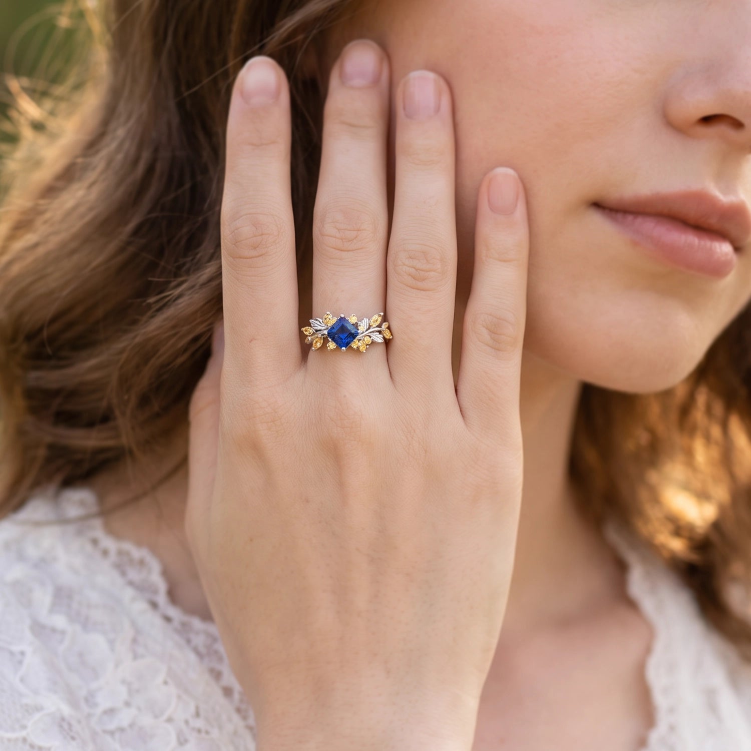 Seraphine’s Bloom | Princess Cut Sapphire with Citrine Floral Engagement Ring